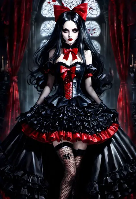 (vampire style, dark persona, alice in wonderland style:1), (Alice, long hair:1.2), (gothic vampire wonderland dress:1.2), (latex gloves, multilayered dress:1), (shiny glossy translucent clothing, gleaming oily latex fabric:1.1), bloodlight, (gothic boots, fishnet stockings:1.2), (many frills, big bow, lace:1.3), (glossy blood-red lipstick, eyeshadow, mascara, dark makeup:1.2), (blood, vampire fangs, bloody hands, bloody dress:1.1),