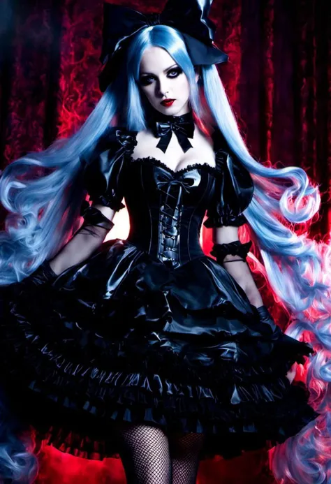 cinematic vampire film style, (gothic, gothic tafashion, dark persona:1), (corrupted vampiress, long hair:1.2), (gothic frilly lolishion dress:1.2), (latex gloves, multilayered dress:1), (shiny glossy translucent clothing, gleaming oily latex fabric:1.1), bloodlight, (gothiclolita boots, shoes focus, fishnet stockings:1.2), (many frills, big bow, lace:1.3), (glossy lips, eyeshadow, mascara, dark makeup:1.2), (sitting on latex sofa:1.3), (gloomy:1.1),