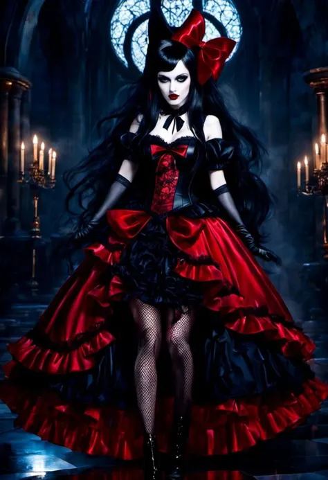 (cinematic vampire film style, dark persona, alice in wonderland style:1), (Alice, long hair:1.2), (gothic vampire wonderland dress:1.2), (latex gloves, multilayered dress:1), (shiny glossy translucent clothing, gleaming oily latex fabric:1.1), bloodlight, (gothic boots, fishnet stockings:1.2), (many frills, big bow, lace:1.3), (glossy blood-red lipstick, eyeshadow, mascara, dark makeup:1.2), (blood, vampire fangs, bloody hands, bloody dress:1.1),