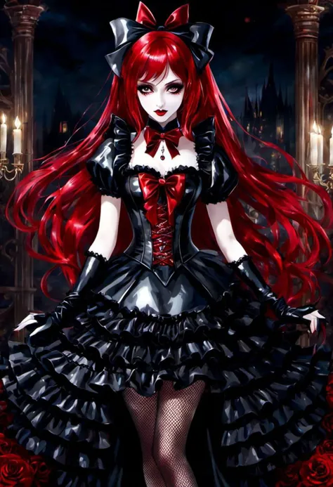 (vampire style, dark persona, alice in wonderland style:1), (Alice, long hair:1.2), (gothic vampire wonderland dress:1.2), (latex gloves, multilayered dress:1), (shiny glossy translucent clothing, gleaming oily latex fabric:1.1), bloodlight, (gothic boots, fishnet stockings:1.2), (many frills, big bow, lace:1.3), (glossy blood-red lipstick, eyeshadow, mascara, dark makeup:1.2), (blood, vampire fangs, bloody hands, bloody dress:1.1),