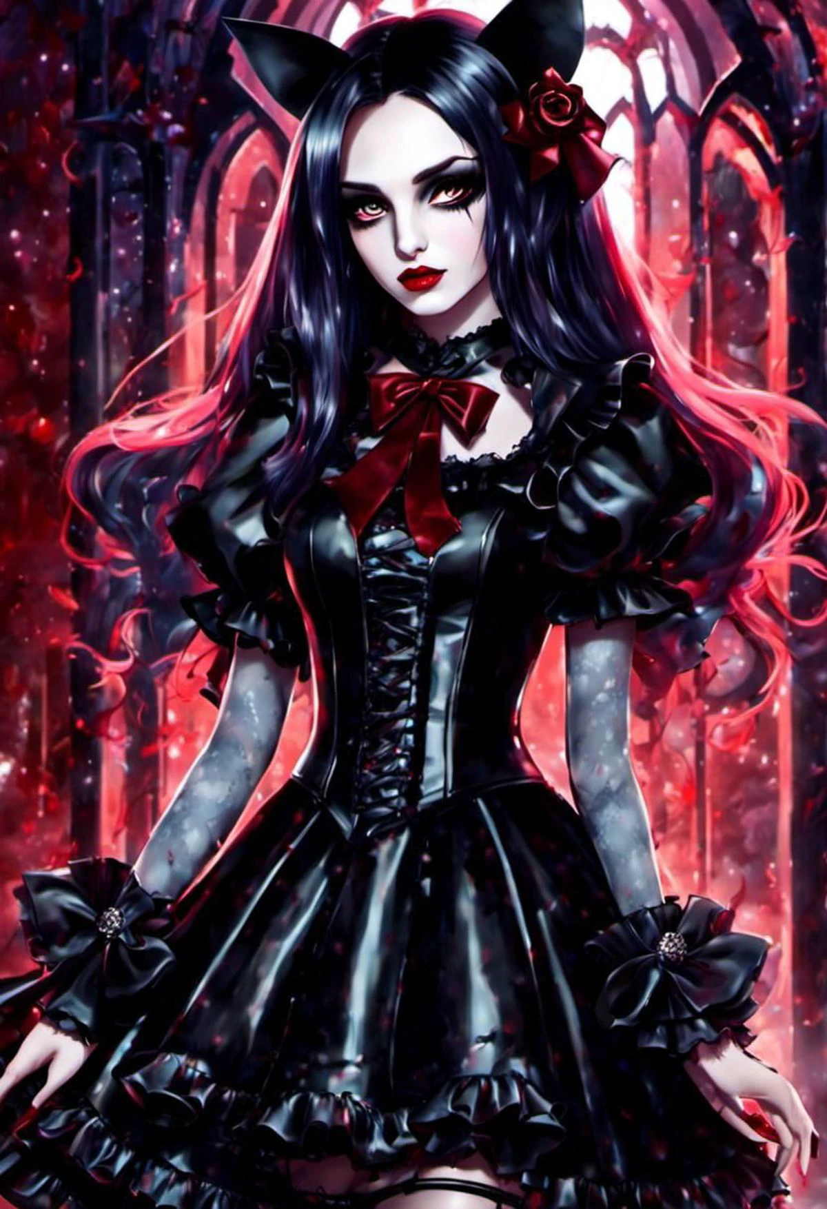 (cinematic vampire film style, dark persona, alice in wonderland style:1), (Alice, long hair:1.2), (gothic vampire wonderland dress:1.2), (latex gloves, multilayered dress:1), (shiny glossy translucent clothing, gleaming oily latex fabric:1.1), bloodlight, (gothic boots, fishnet stockings:1.2), (many frills, big bow, lace:1.3), (glossy blood-red lipstick, eyeshadow, mascara, dark makeup:1.2), (blood, vampire fangs, bloody hands, bloody dress:1.1),