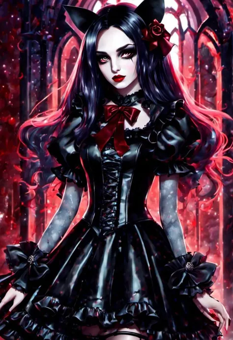 (cinematic vampire film style, dark persona, alice in wonderland style:1), (Alice, long hair:1.2), (gothic vampire wonderland dress:1.2), (latex gloves, multilayered dress:1), (shiny glossy translucent clothing, gleaming oily latex fabric:1.1), bloodlight, (gothic boots, fishnet stockings:1.2), (many frills, big bow, lace:1.3), (glossy blood-red lipstick, eyeshadow, mascara, dark makeup:1.2), (blood, vampire fangs, bloody hands, bloody dress:1.1),