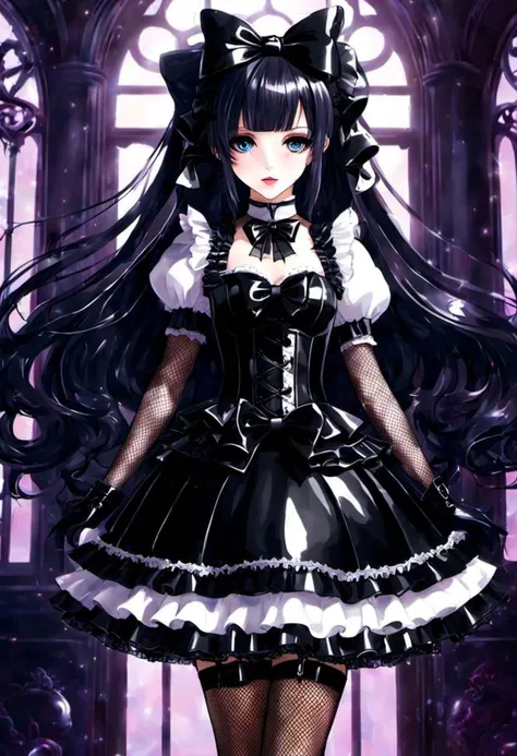 (gothic, gothic tafashion, dark persona:1), (corrupted dark magical girl, long hair:1.2), (gothic frilly lolishion dress:1.2), (latex gloves, multilayered dress:1), (shiny glossy translucent clothing, gleaming oily latex fabric:1.1), backlight, (gothiclolita boots, shoes focus, fishnet stockings:1.2), (many frills, big bow, lace:1.3), (glossy lips, eyeshadow, mascara, dark makeup:1.2), (sitting on latex sofa:1.3), (gloomy:1.1),