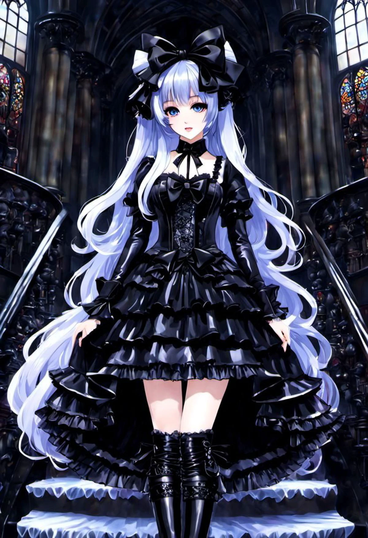 (gothic, gothic tafashion, dark persona:1), (corrupted dark magical girl, long hair:1.2), (gothic frilly lolishion dress:1.2), (latex gloves, multilayered dress:1), (shiny glossy translucent clothing, gleaming oily latex fabric:1.1), backlight, (gothiclolita boots, shoes focus, fishnet stockings:1.2), (many frills, big bow, lace:1.3), (glossy lips, eyeshadow, mascara, dark makeup:1.2), (sitting on latex sofa:1.3), (gloomy:1.1),
