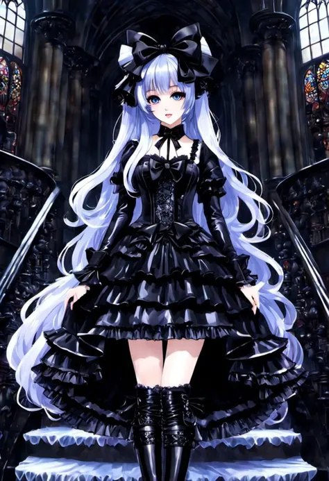 (gothic, gothic tafashion, dark persona:1), (corrupted dark magical girl, long hair:1.2), (gothic frilly lolishion dress:1.2), (latex gloves, multilayered dress:1), (shiny glossy translucent clothing, gleaming oily latex fabric:1.1), backlight, (gothiclolita boots, shoes focus, fishnet stockings:1.2), (many frills, big bow, lace:1.3), (glossy lips, eyeshadow, mascara, dark makeup:1.2), (sitting on latex sofa:1.3), (gloomy:1.1),