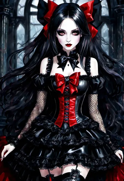 (vampire style, dark persona, alice in wonderland style:1), (Alice, long hair:1.2), (gothic vampire wonderland dress:1.2), (latex gloves, multilayered dress:1), (shiny glossy translucent clothing, gleaming oily latex fabric:1.1), bloodlight, (gothic boots, fishnet stockings:1.2), (many frills, big bow, lace:1.3), (glossy blood-red lipstick, eyeshadow, mascara, dark makeup:1.2), (blood, vampire fangs, bloody hands, bloody dress:1.1),