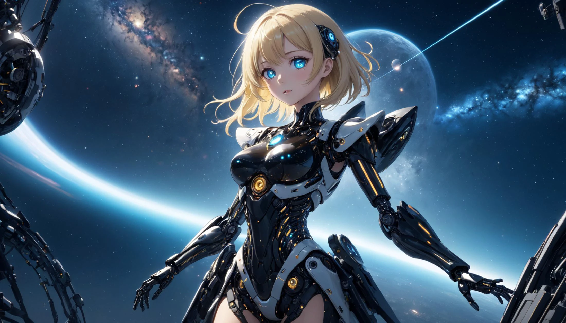 1girl , <lora:elsajean_SDXL:0.5>, 3lsaj3an, blonde woman, standing[::3] ,cap sleeve dress, <lora:seeThroughSilhouette_v10:0.9:TT>((see-through:0.8)_silhouette:1.2) , outside, cosmic, clear sky,  <lora:greenjk2:0.5>, ruru,    1mecha, best quality, biomechanical, complex robot, hyper realistic, (hyper detailed:1.25), intricate, (insane fine details:1.1), Extremely sharp lines, scifi aesthetic, a masterpiece <lora:wowifierXL:0.5>  by mooncryptowow, complex robot,, very thin waist,  <lora:SDXL_MassiveCowsLoRA_v1:0.1> breasts, cleavage, slim body,, (8k, masterpiece, best quality, ultra-detailed),  (an extremely delicate and beautiful)kawaii, cute, very big eyes, Aesthetic Anime Eyes, small face,  large breasts, cinematic lighting, , Intricate, High Detail, Sharp focus, dramatic,   masterpiece, best quality, ultra-detailed,