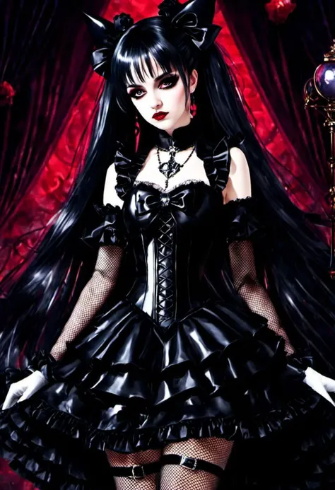 cinematic vampire film style, (gothic, gothic tafashion, dark persona:1), (corrupted dark magical girl, long hair:1.2), (gothic frilly lolishion dress:1.2), (latex gloves, multilayered dress:1), (shiny glossy translucent clothing, gleaming oily latex fabric:1.1), bloodlight, (gothiclolita boots, shoes focus, fishnet stockings:1.2), (many frills, big bow, lace:1.3), (glossy lips, eyeshadow, mascara, dark makeup:1.2), (sitting on latex sofa:1.3), (gloomy:1.1),