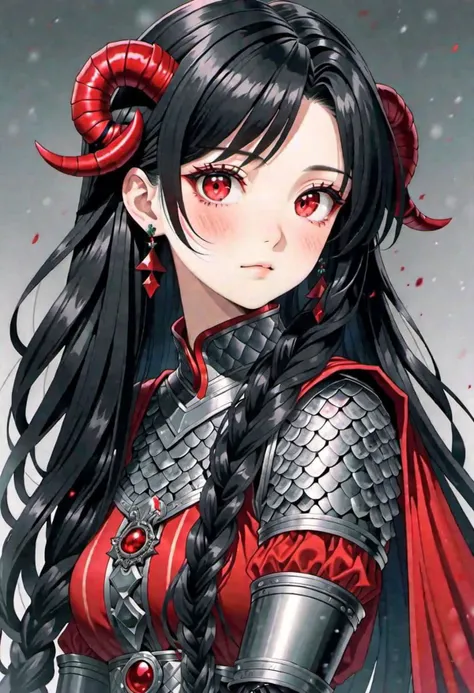 Kawaii adult woman, masterpiece, best quality, high quality, highres, absurdres, black hair in 1 three-strand braid, gradient hair, dark red eyes, small red horns, wearing a chainmail top, amnification, flat color, simple color, thick lines, traditional media, manga style