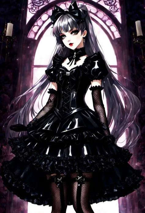 (gothic, gothic tafashion, dark persona:1), (corrupted dark magical girl, long hair:1.2), (gothic frilly lolishion dress:1.2), (latex gloves, multilayered dress:1), (shiny glossy translucent clothing, gleaming oily latex fabric:1.1), backlight, (gothiclolita boots, shoes focus, fishnet stockings:1.2), (many frills, big bow, lace:1.3), (glossy lips, eyeshadow, mascara, dark makeup:1.2), (sitting on latex sofa:1.3), (gloomy:1.1),