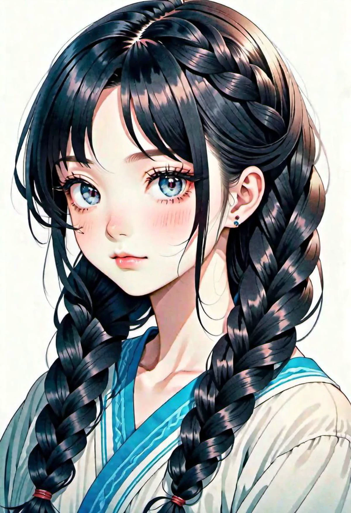 Kawaii adult woman, masterpiece, best quality, high quality, highres, absurdres, black hair in 1 three-strand braid, gradient hair, amnification, flat color, simple color, thick lines, traditional media, manga style