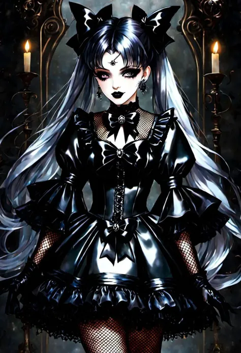 (gothic, gothic tafashion, dark persona:1), (corrupted dark magical girl, long hair:1.2), (gothic frilly lolishion dress:1.2), (latex gloves, multilayered dress:1), (shiny glossy translucent clothing, gleaming oily latex fabric:1.1), backlight, (gothiclolita boots, shoes focus, fishnet stockings:1.2), (many frills, big bow, lace:1.3), (glossy lips, eyeshadow, mascara, dark makeup:1.2), (sitting on latex sofa:1.3), (gloomy:1.1),
