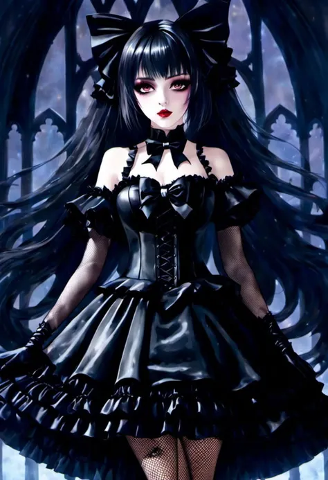 cinematic vampire film style, (gothic, gothic tafashion, dark persona:1), (corrupted vampiress, long hair:1.2), (gothic frilly lolishion dress:1.2), (latex gloves, multilayered dress:1), (shiny glossy translucent clothing, gleaming oily latex fabric:1.1), bloodlight, (gothiclolita boots, shoes focus, fishnet stockings:1.2), (many frills, big bow, lace:1.3), (glossy lips, eyeshadow, mascara, dark makeup:1.2), (sitting on latex sofa:1.3), (gloomy:1.1),