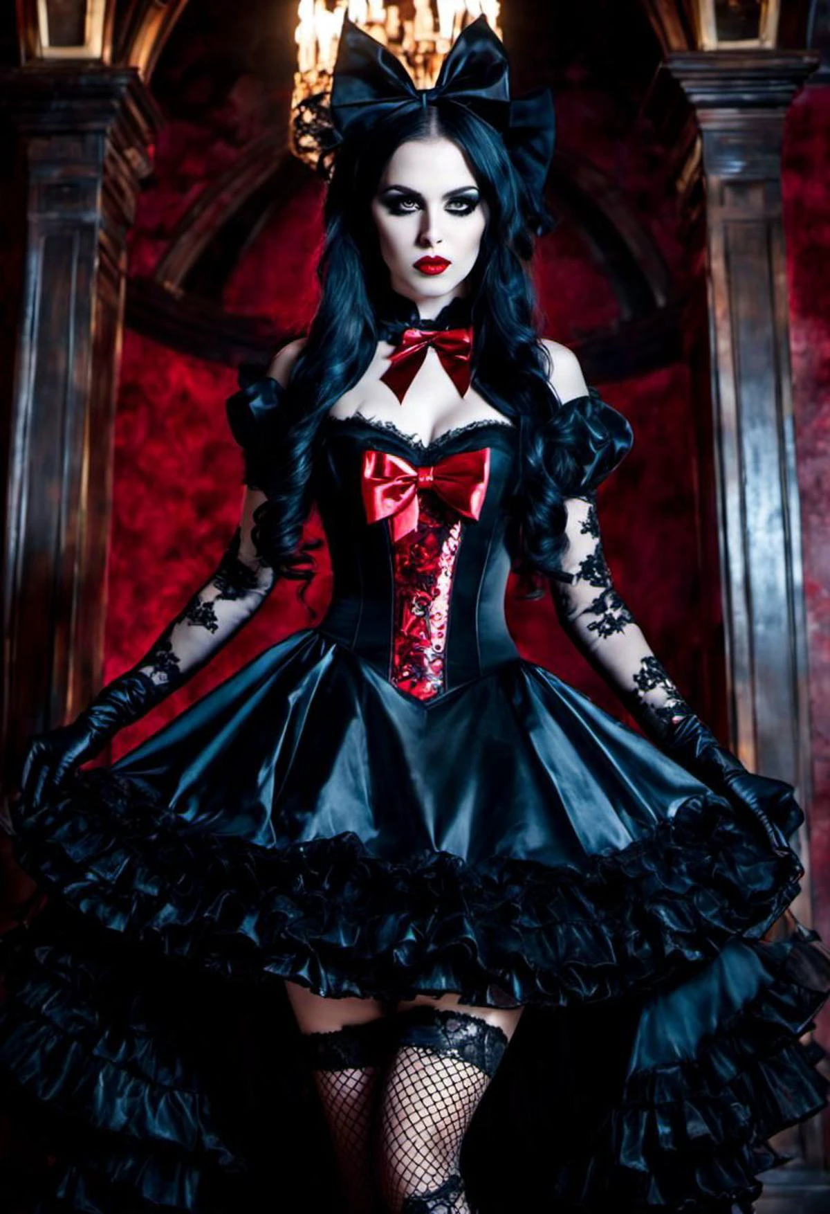 (cinematic vampire film style, dark persona, alice in wonderland style:1), (Alice, long hair:1.2), (gothic vampire wonderland dress:1.2), (latex gloves, multilayered dress:1), (shiny glossy translucent clothing, gleaming oily latex fabric:1.1), bloodlight, (gothic boots, fishnet stockings:1.2), (many frills, big bow, lace:1.3), (glossy blood-red lipstick, eyeshadow, mascara, dark makeup:1.2), (blood, vampire fangs, bloody hands, bloody dress:1.1),