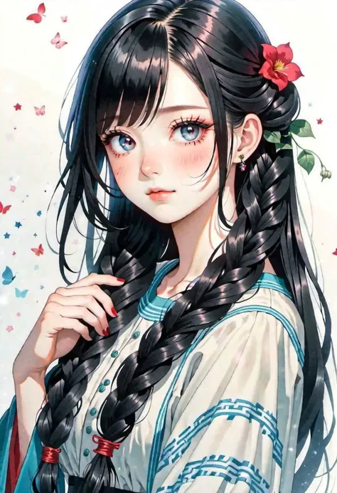 Kawaii adult woman, masterpiece, best quality, high quality, highres, absurdres, black hair in 1 three-strand braid, gradient hair, amnification, flat color, simple color, thick lines, traditional media, manga style