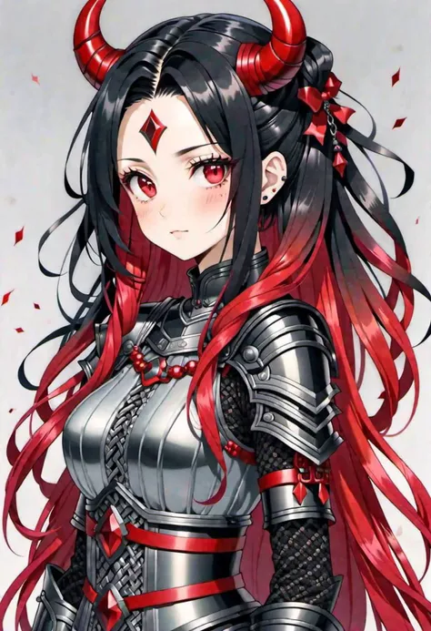 Kawaii adult woman, masterpiece, best quality, high quality, highres, absurdres, black hair in 1 three-strand braid, gradient hair, dark red eyes, small red horns, wearing a chainmail top, amnification, flat color, simple color, thick lines, traditional media, manga style