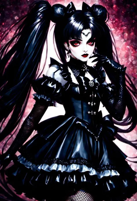 (cinematic vampire film style, gothic tafashion, dark persona:1), (corrupted vampire magical girl, long hair:1.2), (gothic frilly lolishion dress:1.2), (latex gloves, multilayered dress:1), (shiny glossy translucent clothing, gleaming oily latex fabric:1.1), bloodlight, (gothiclolita boots, shoes focus, fishnet stockings:1.2), (many frills, big bow, lace:1.3), (glossy lips, eyeshadow, mascara, dark makeup:1.2), (sitting on latex sofa:1.3), (gloomy:1.1),