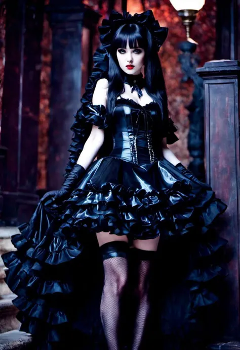 cinematic vampire film style, (gothic, gothic tafashion, dark persona:1), (corrupted dark magical girl, long hair:1.2), (gothic frilly lolishion dress:1.2), (latex gloves, multilayered dress:1), (shiny glossy translucent clothing, gleaming oily latex fabric:1.1), bloodlight, (gothiclolita boots, shoes focus, fishnet stockings:1.2), (many frills, big bow, lace:1.3), (glossy lips, eyeshadow, mascara, dark makeup:1.2), (sitting on latex sofa:1.3), (gloomy:1.1),