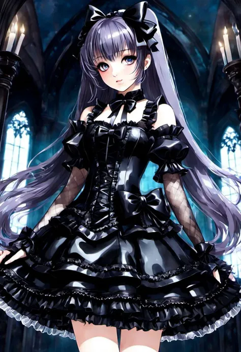 (gothic, gothic tafashion, dark persona:1), (corrupted dark magical girl, long hair:1.2), (gothic frilly lolishion dress:1.2), (latex gloves, multilayered dress:1), (shiny glossy translucent clothing, gleaming oily latex fabric:1.1), backlight, (gothiclolita boots, shoes focus, fishnet stockings:1.2), (many frills, big bow, lace:1.3), (glossy lips, eyeshadow, mascara, dark makeup:1.2), (sitting on latex sofa:1.3), (gloomy:1.1),
