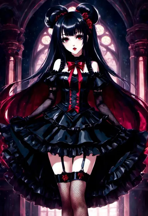 cinematic vampire film style, (gothic, gothic tafashion, dark persona:1), (corrupted dark magical girl, long hair:1.2), (gothic frilly lolishion dress:1.2), (latex gloves, multilayered dress:1), (shiny glossy translucent clothing, gleaming oily latex fabric:1.1), bloodlight, (gothiclolita boots, shoes focus, fishnet stockings:1.2), (many frills, big bow, lace:1.3), (glossy lips, eyeshadow, mascara, dark makeup:1.2), (sitting on latex sofa:1.3), (gloomy:1.1),
