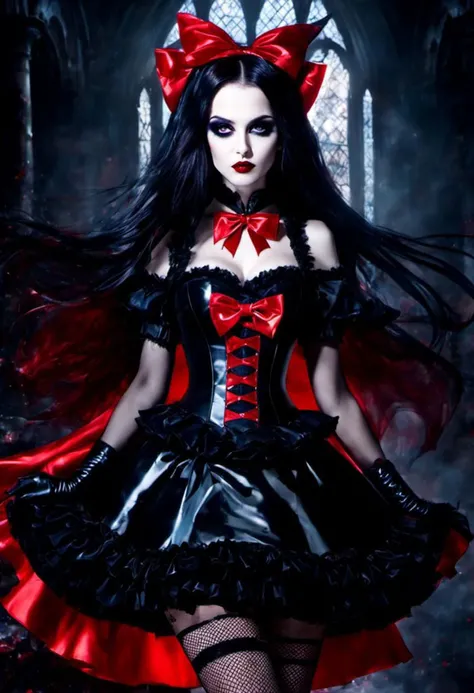 (cinematic vampire film style, dark persona, alice in wonderland style:1), (Alice, long hair:1.2), (gothic vampire wonderland dress:1.2), (latex gloves, multilayered dress:1), (shiny glossy translucent clothing, gleaming oily latex fabric:1.1), bloodlight, (gothic boots, fishnet stockings:1.2), (many frills, big bow, lace:1.3), (glossy blood-red lipstick, eyeshadow, mascara, dark makeup:1.2), (blood, vampire fangs, bloody hands, bloody dress:1.1),