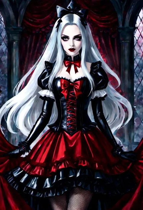 (cinematic vampire film style, dark persona, alice in wonderland style:1), (Alice, long hair:1.2), (gothic vampire wonderland dress:1.2), (latex gloves, multilayered dress:1), (shiny glossy translucent clothing, gleaming oily latex fabric:1.1), bloodlight, (gothic boots, fishnet stockings:1.2), (many frills, big bow, lace:1.3), (glossy blood-red lipstick, eyeshadow, mascara, dark makeup:1.2), (blood, vampire fangs, bloody hands, bloody dress:1.1),