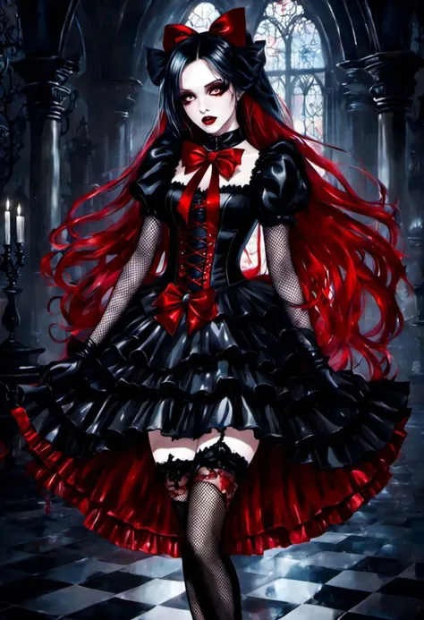 (vampire style, dark persona, alice in wonderland style:1), (Alice, long hair:1.2), (gothic vampire wonderland dress:1.2), (latex gloves, multilayered dress:1), (shiny glossy translucent clothing, gleaming oily latex fabric:1.1), bloodlight, (gothic boots, fishnet stockings:1.2), (many frills, big bow, lace:1.3), (glossy blood-red lipstick, eyeshadow, mascara, dark makeup:1.2), (blood, vampire fangs, bloody hands, bloody dress:1.1),