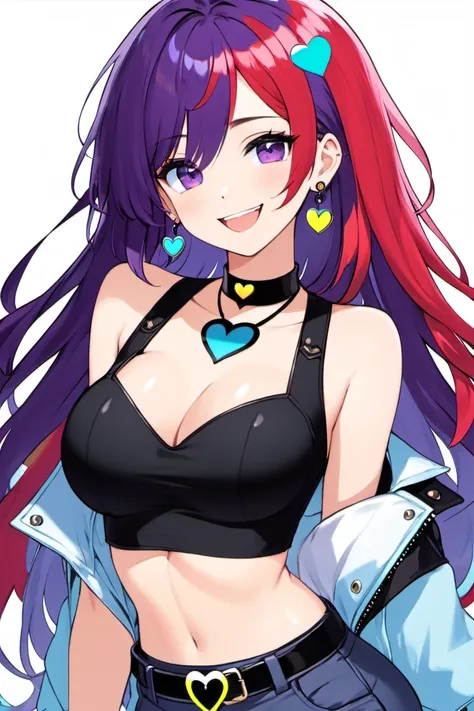 1girl, bangs, belt, black choker, black pants, blue hair, blush, breasts, choker, clothes around waist, collarbone, earrings, grin, hair over one eye, heart, heart choker, jacket, jewelry, long hair, looking at viewer, medium breasts, multicolored hair, necklace, pants, purple eyes, red hair, shirt, shirt tucked in, simple background, sleeveless, sleeveless shirt, smile, solo, sparkle, streaked hair, upper body, very long hair, virtual youtuber, wavy hair, white background, white shirt