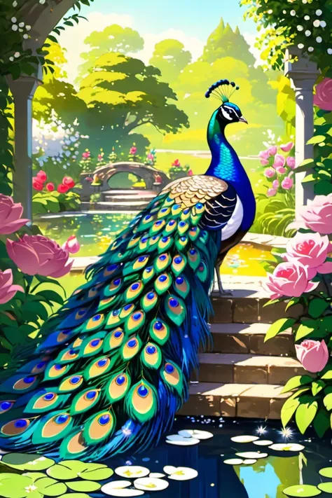 (masterpiece:1.2, best quality), (real picture, intricate details), (1lady, solo, upper body:1.2), big tits colorful garden, with blooming flowers of all shapes and sizes. The air is thick with the sweet fragrance of roses and jasmine. A small pond shimmers in the sunlight, its surface dotted with lily pads. In the distance, a pair of peacocks strut about, their feathers glistening in the sun. Bees buzz about, pollinating the flowers and adding to the lively energy of the scene.