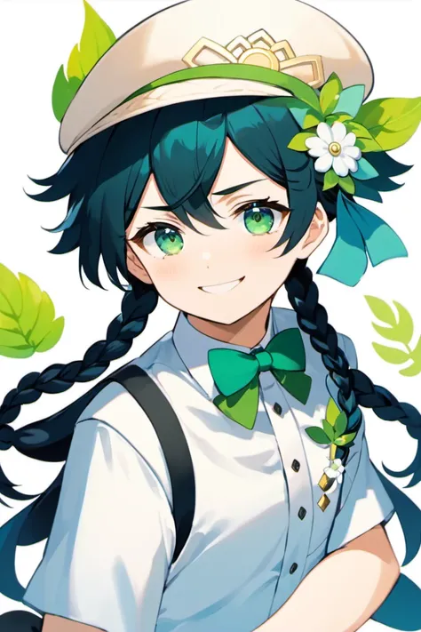 1boy, Venti, Genshin Impact, :d, bangs, beret, black hair, blue eyes, blue hair, blush, bow, bowtie, braid, flower, frills,green eyes, green headwear, hair flower, hair ornament, hand on own face, hat, hat flower, leaf, long hair, looking at viewer, male focus, open mouth, otoko no ko, shirt, short sleeves, smile, solo, twin braids, upper body, white background, white shirt