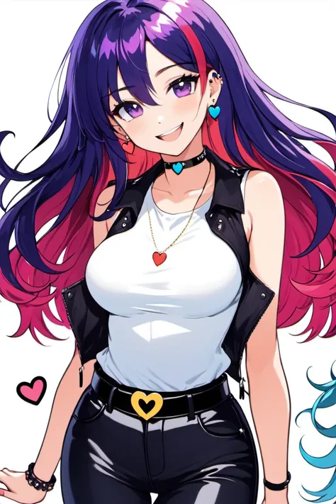 1girl, bangs, belt, black choker, black pants, blue hair, blush, breasts, choker, clothes around waist, collarbone, earrings, grin, hair over one eye, heart, heart choker, jacket, jewelry, long hair, looking at viewer, medium breasts, multicolored hair, necklace, pants, purple eyes, red hair, shirt, shirt tucked in, simple background, sleeveless, sleeveless shirt, smile, solo, sparkle, streaked hair, upper body, very long hair, virtual youtuber, wavy hair, white background, white shirt