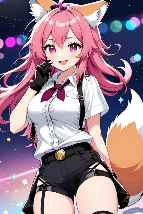 1girl, :d, animal ear fluff, animal ears, bangs, belt, black gloves, black shorts, blush, breasts, collared shirt, cowboy shot, fox ears, fox tail, gloves, hand on hip, hand up, hat, long hair, looking at viewer, multicolored hair, necktie, open mouth, pants, peaked cap, pink eyes, pink hair, pink nails, shirt, short sleeves, shorts, smile, solo, sparkle, suspenders, tail, very long hair, white shirt