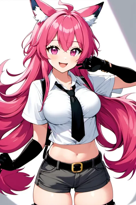 1girl, :d, animal ear fluff, animal ears, bangs, belt, black gloves, black shorts, blush, breasts, collared shirt, cowboy shot, fox ears, fox tail, gloves, hand on hip, hand up, hat, long hair, looking at viewer, multicolored hair, necktie, open mouth, pants, peaked cap, pink eyes, pink hair, pink nails, shirt, short sleeves, shorts, smile, solo, sparkle, suspenders, tail, very long hair, white shirt