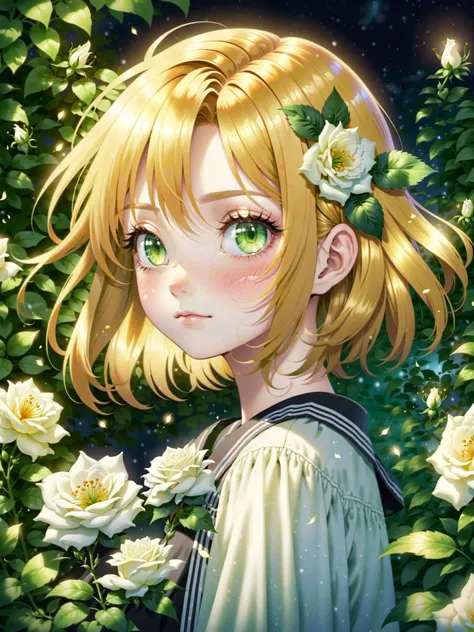 face focus, masterpiece, best quality, 1girl, white roses, petals, night background, fireflies, light particle, solo, blonde hair, green eyes, standing, pixiv, depth of field, cinematic composition, best lighting, looking up