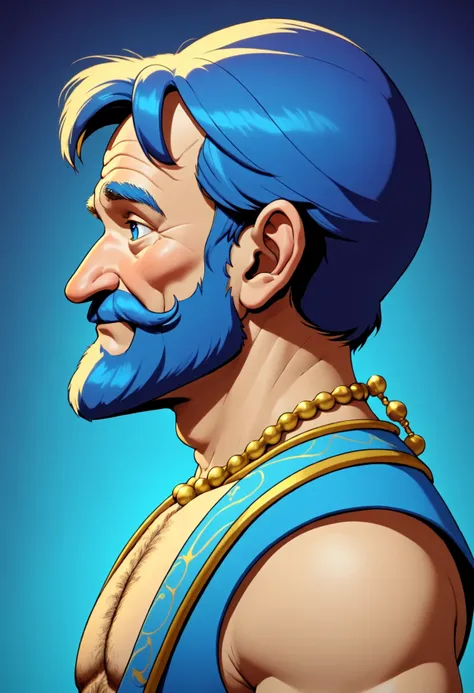 Robin Williams as Genie, studio anime, in the style of Duskfallcrew and Earthnicity, dutch angle, profile, from the side