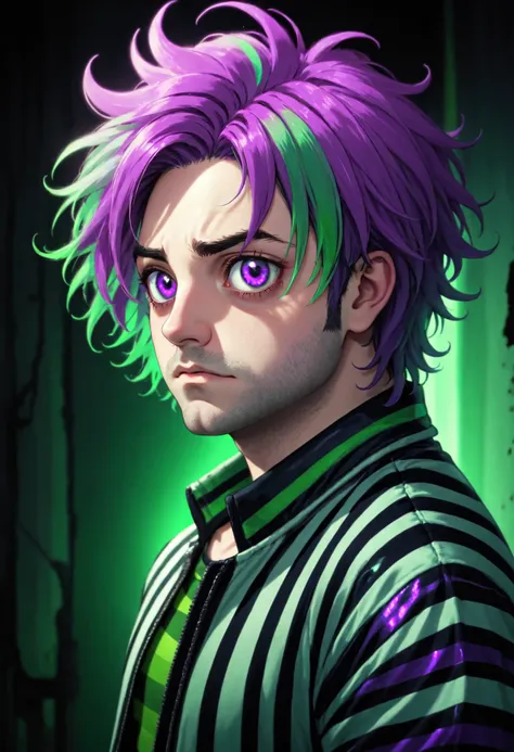 Alex Brightman as Beetlejuce,  1boy,  male focus,  solo,  holographic eyes,  heterochromia,  purple eyes,  striped jacket,  striped shirt,  green hair,  wild hair,  evil scene,  side lighting,  depth of field,  solo,  extreme light and shadow,  post apocalyptic, rim lighting,
