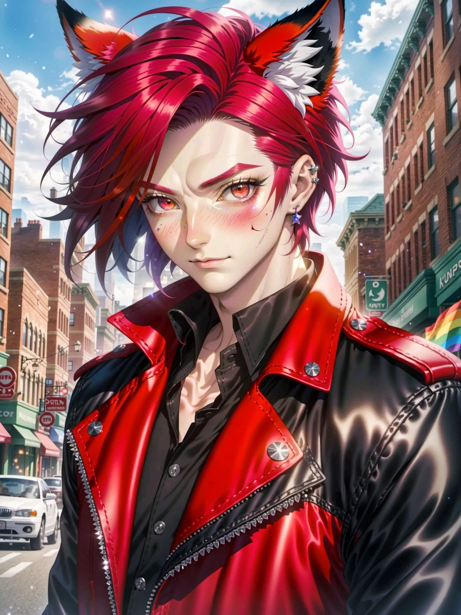 fox man, fox ears, gay pride flag, upper body, red leather jacket, model pose, detailed eyes, detailed hair, tone mapping, specular reflection, masterpiece, best quality, high quality, highres, absurdres, black hair, gradient hair, red hair, sparkles, pride parade, outdoors, city