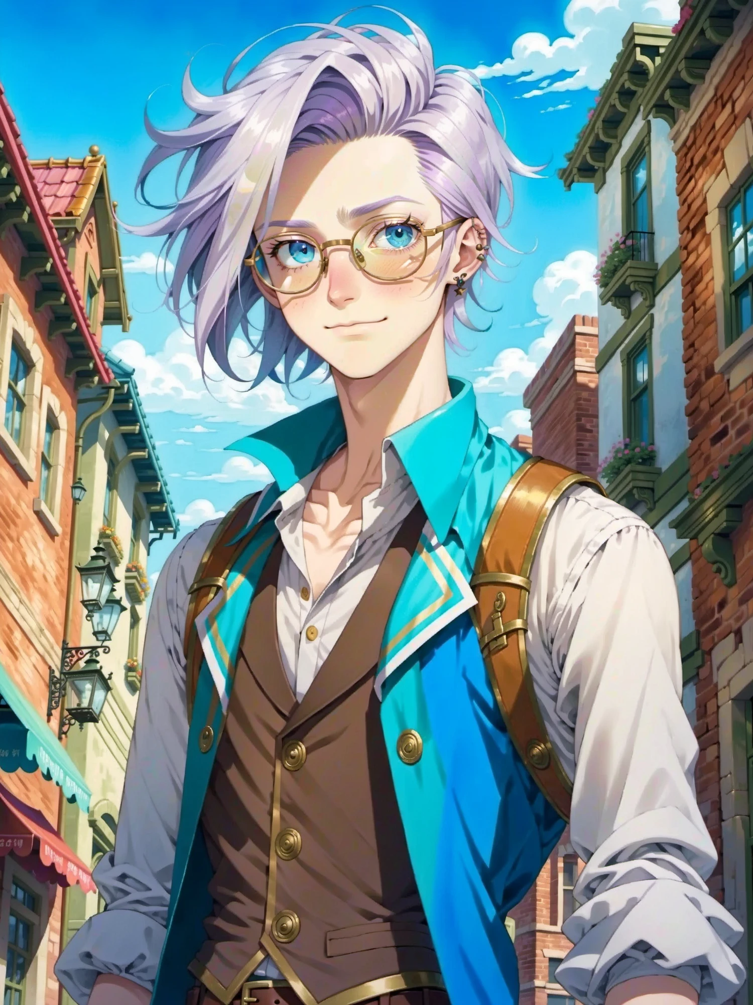 tumblr sexy twink man, 1boy, male focus, blue eyes, brown hair, streaked hair, white hair, blue vest, long sleeves, white shirt, khaki pants, antique eyewear, steampunk glasses, gay pride flag, upper body, model pose, detailed eyes, detailed hair, pride parade, outdoors, city, flat color, anime, simple, Simon Petrikov, Adventure time