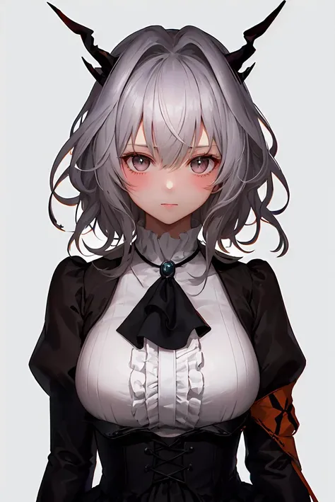 masterpiece, best quality, 1girl,, solo, talulah_arknights, horns, grey_hair, hair_intakes, bangs, upper_body,ascot,blush,, black_ascot, hair_between_eyes,large breasts, short_hair, grey_eyes, black_dress,  long_sleeves, frills,cleavage,  , standing,
, looking_at_viewer,  standing,,(simple background,white background), ,<lora:talulah_arknights:0.8:1,1,1,1,1,0,0,0,1,1,1,1,1,1,1,0,0> ,cinematic lighting, , Fujicolor, stereogram, anime, 8k, , high details