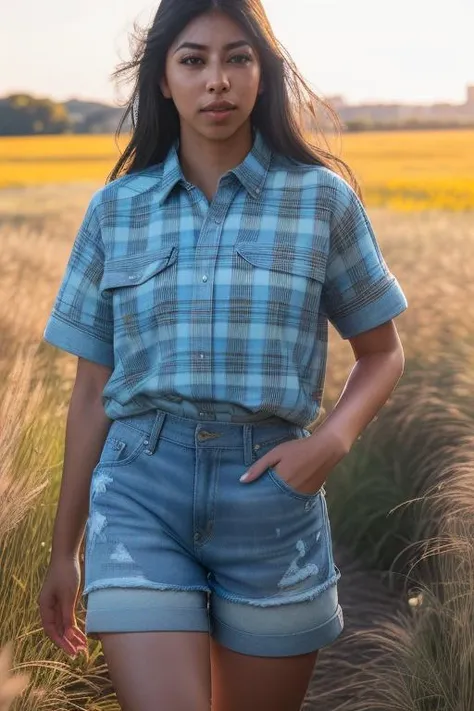 DEN_lbady97_OF,
(walking through a tallgrass meadow wearing (Jean shorts:1.3) and (plaid shirt:1.3), meadow, wild, overgrown, walking,:1.2),
bokeh, f1.4, 40mm, photorealistic, raw, 8k, textured skin, skin pores, intricate details  <lora:epi_noiseoffset2:1>, epiCRealism <lora:ClothingAdjuster3:-1>