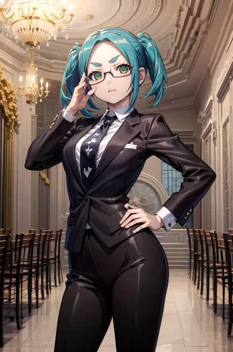 (masterpiece, best quality, detailed), 1girl, solo, ononokiyotsugi, aqua hair, short hair, green eyes, twintails, thick eyebrows, looking at viewer,
pant suit, suit, formal, black suit, black pants, necktie, white shirt, sunglasses, indoors, casino, chandelier, roulette, money, <lora:OjouSamaPose:1>, ojou-sama pose, hand on hip, expressionless