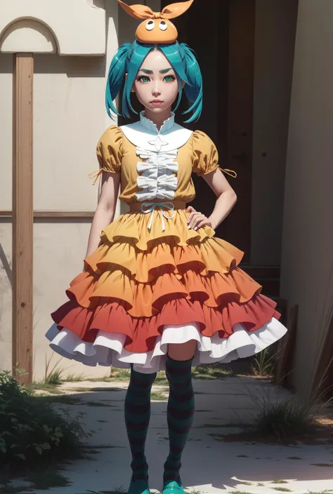 ononokiyotsugi(aqua hair,short hair,green eyes,twintails,thick eyebrows <lora:Ðноноки ÐÑÑги ÐоногаÑаÑи(ononokiyotsugi(aqua hair,short hair,green eyes,twintails,thick eyebrows(Ñм одеждÑ):0.9>, striped pantyhose, blue and gray pantyhose, dress, orange dress, white turtle neck collar, white frills, hat, puffy sleeves, short sleeves, rubber boots, 1girl in full growth, best quality, masterpiece, ultra-detailed, high quality, perfect nose, highly detailed skin, warm skin tone, defiance512, RAW photo, best quality, high resolution, (masterpiece), dreamlike, dreamy, modelshoot style, analog style, tonemapping, photorealistic, professional photography, sharp focus, HDR, 8K resolution, intricate detail, sophisticated detail, hyper detailed, (depth of field), highlight and shadow, volumetric lighting, cinematic bloom, professional light, looking at viewer, blotchy,