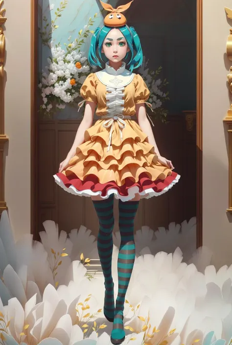 ononokiyotsugi(aqua hair,short hair,green eyes,twintails,thick eyebrows <lora:Ðноноки ÐÑÑги ÐоногаÑаÑи(ononokiyotsugi(aqua hair,short hair,green eyes,twintails,thick eyebrows(Ñм одеждÑ):0.9>, striped pantyhose, blue and gray pantyhose, dress, orange dress, white turtle neck collar, white frills, hat, puffy sleeves, short sleeves, rubber boots, (((masterpiece))), (((best quality))), (((illustration))), (((finely detail))), ((extremely detailed cg unity 8k wallpaper, highres)), (beautiful detailed face and eyes and hair:1.1), (an extremely delicate and beautiful girl:1.2), ultra-detailed, ultra high res, high quality, 4K, extreamly delicate and beautiful, full_body, standing, in full growth, hourglass waist