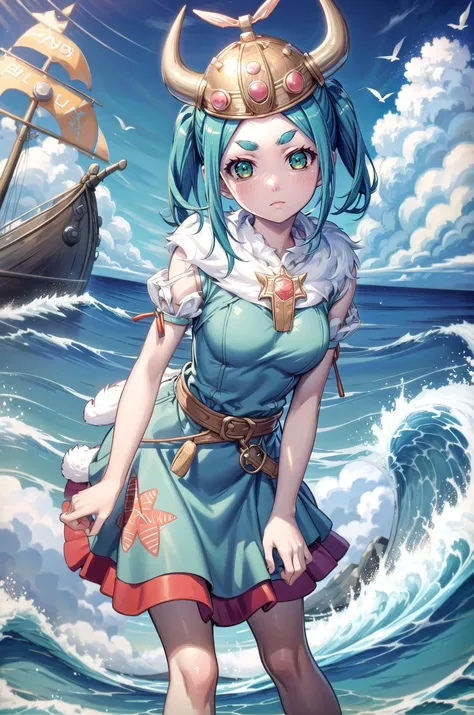 (masterpiece, best quality, detailed), 1girl, solo, ononokiyotsugi, aqua hair, short hair, green eyes, twintails, thick eyebrows, looking at viewer,
<lora:AncientVikings:0.9>, ancient viking, viking helmet, horned helmet, fur trim, helmet, ship, ocean, waves, seagull, cloudy sky, leaning forward, hanging breasts, expressionless
