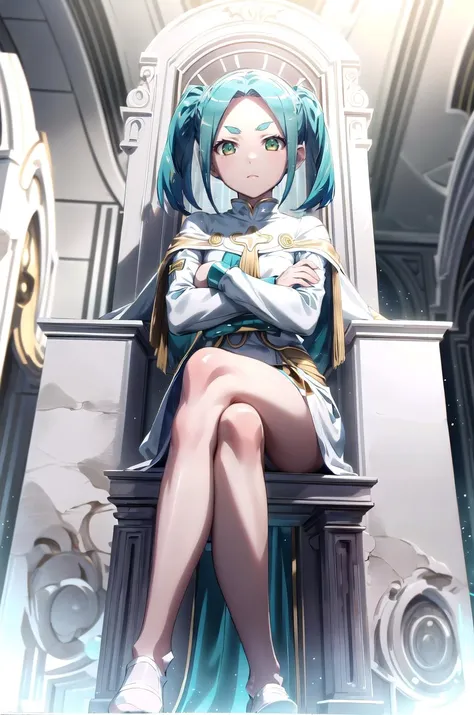 (masterpiece, best quality, detailed), 1girl, solo, ononokiyotsugi, aqua hair, short hair, green eyes, twintails, thick eyebrows, looking at viewer,
<lora:NeoFuturisticTech:1.1>, neotech, sleek, indoors, throne room, throne, pillar, banner, gold, stone wall, sitting, crossed legs, expressionless