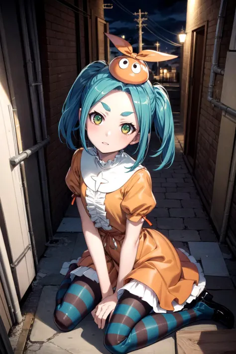 (masterpiece, best quality, detailed), 1girl, solo, ononokiyotsugi, aqua hair, short hair, green eyes, twintails, thick eyebrows, striped pantyhose, blue and gray pantyhose, dress, orange dress, white turtle neck collar, white frills, hat, puffy sleeves, short sleeves, looking at viewer, <lora:alley:1>, alleyway, industrial pipe, building, urban, power lines, cloudy sky, sign, dark, night, peace sign, v, from above, sitting, wariza, head tilt