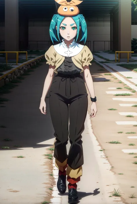 ononokiyotsugi(aqua hair,short hair,green eyes,twintails,thick eyebrows <lora:ÐÐ½Ð¾Ð½Ð¾ÐºÐ¸ ÐÑÑÐ³Ð¸ ÐÐ¾Ð½Ð¾Ð³Ð°ÑÐ°ÑÐ¸(ononokiyotsugi(aqua hair,short hair,green eyes,twintails,thick eyebrows(ÑÐ¼ Ð¾Ð´ÐµÐ¶Ð´Ñ):0.9>,  brown cardigan, wristband, white turtle neck collar, gray frills, hat, short sleeves, red pants, black shoes, anime style, anime colors,detailed anime,animeHD, anime eyes, bigger eyes, high quality anime, large anime pupils, 1girl in full growth, best quality, masterpiece, ultra-detailed, high quality,perfect anatomy, perfect full body, (detailed full body), good eyes, perfect face, pretty face