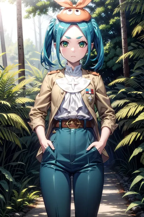 (masterpiece, best quality, detailed), 1girl, solo, ononokiyotsugi, aqua hair, short hair, green eyes, twintails, thick eyebrows, looking at viewer,
military uniform, military, soldier, belt, green pants, beret, brown jacket, jungle, nature, vines, moss, fern, tropical, dappled sunlight, hands in pockets, expressionless