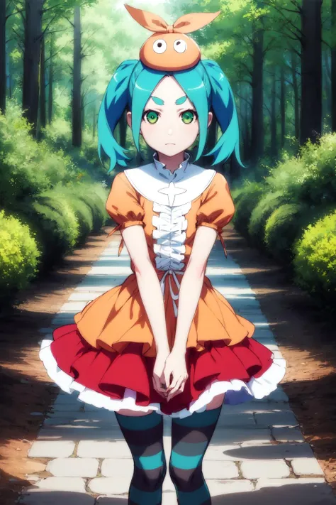 <lora:ononoki-yotsugi-test-v2:0.8>
1girl, solo, looking at viewer,
striped pantyhose, blue and gray pantyhose, dress, orange dress, white turtle neck collar, white frills, hat, puffy sleeves, short sleeves,
ononokiyotsugi, aqua hair, short hair, green eyes, twintails, thick eyebrows,
garden, trees, close up,
standing, arms between legs,
expressionless, closed mouth,
