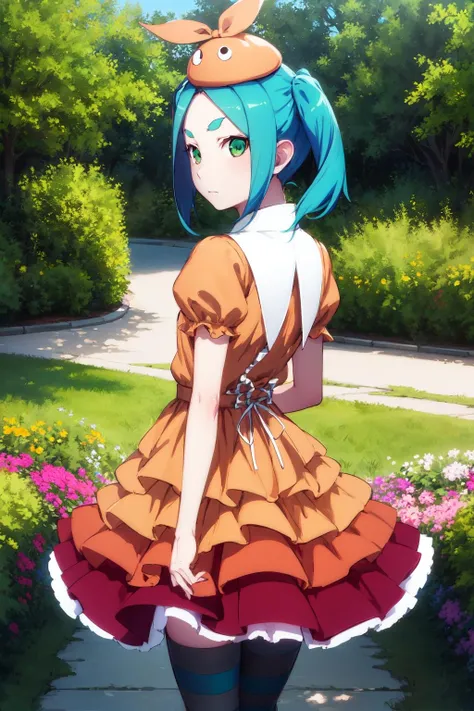 <lora:ononoki-yotsugi-test-v2:0.8>
1girl, solo, looking at viewer,
ononokiyotsugi, aqua hair, short hair, green eyes, twintails, thick eyebrows,
striped pantyhose, blue and gray pantyhose, dress, orange dress, white turtle neck collar, white frills, hat, puffy sleeves, short sleeves,
garden, trees, cowboy shot,
arms behind back,
expressionless, closed mouth,